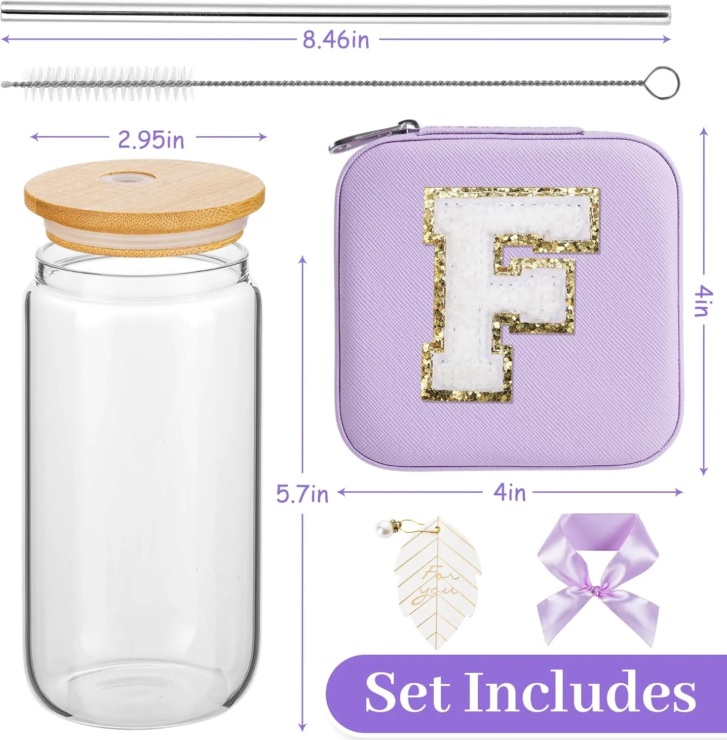 AYGXU Bridesmaid proposal gifts,Travel Initial Jewelry Box for Girls,Travel Jewelry Case,Initial Glass Cup,Cute Tumbler Cup,Small Jewelry Organizer for Teen Girls Gifts,Initial F purple