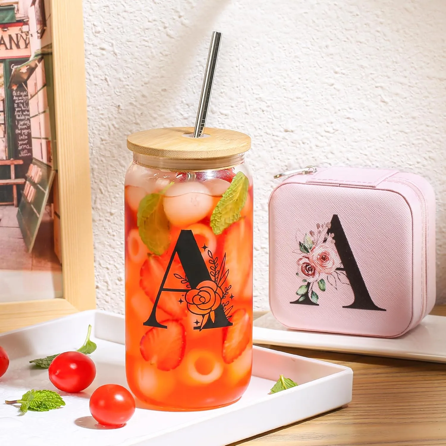 AYGXU Initial Jewelry Storage Set, Personalized Pink L Travel Case with Glass Cup & Bamboo Lid, Bridesmaid Gift
