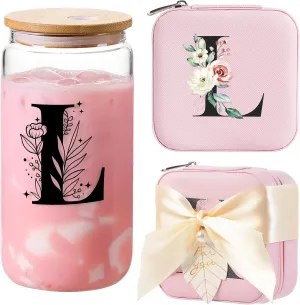 AYGXU Initial Jewelry Storage Set, Personalized Pink L Travel Case with Glass Cup & Bamboo Lid, Bridesmaid Gift
