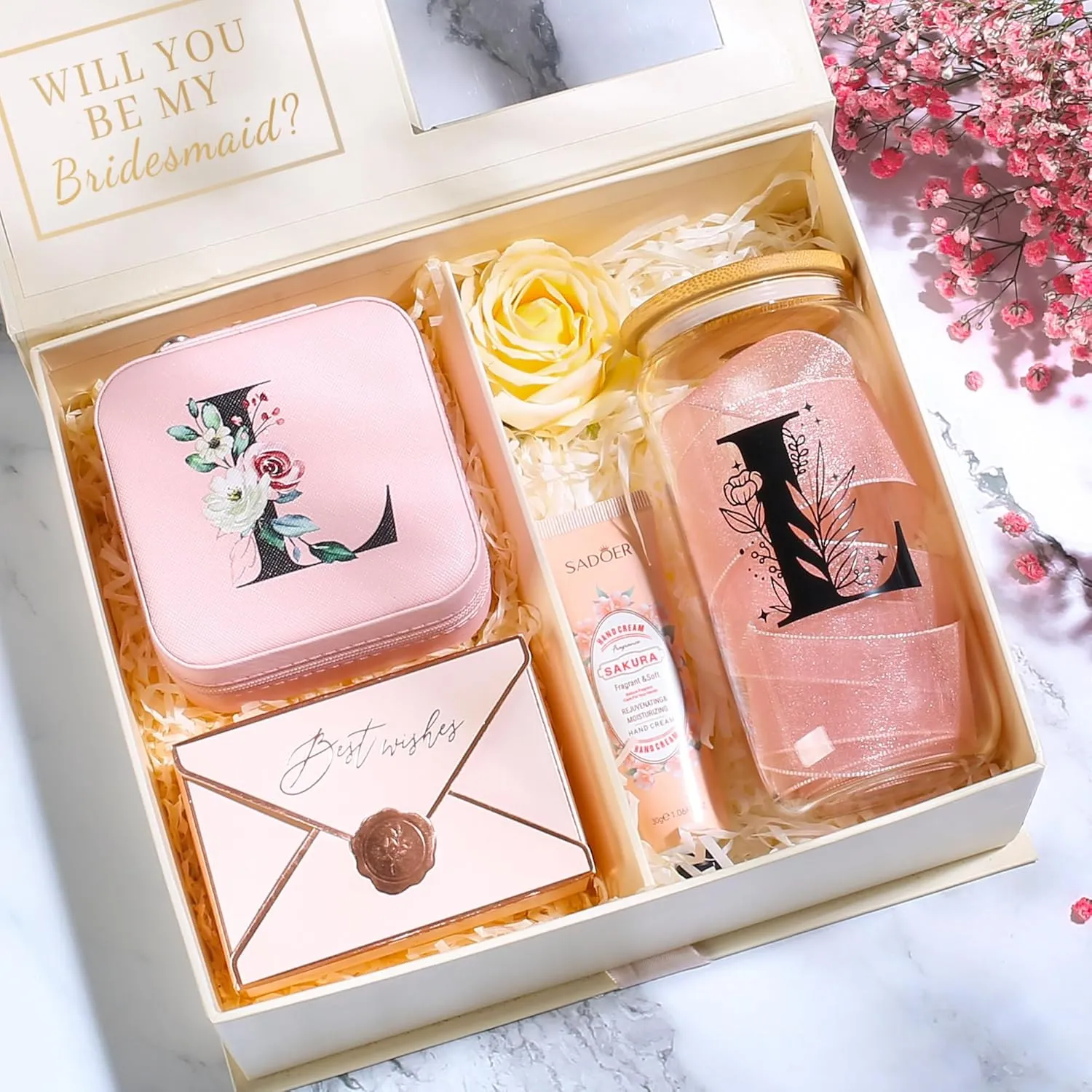 AYGXU Initial Jewelry Storage Set, Personalized Pink L Travel Case with Glass Cup & Bamboo Lid, Bridesmaid Gift