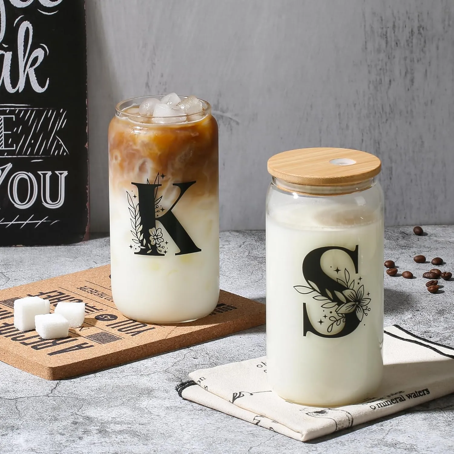 AYGXU Teacher appreciation gifts,Initial glass cup with initial Jewelry Box,Jewelry Case Organizer,iced coffee cups,Travel Gifts for Women Girls,Birthday Gifts,Initial A white