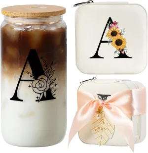 AYGXU Teacher appreciation gifts,Initial glass cup with initial Jewelry Box,Jewelry Case Organizer,iced coffee cups,Travel Gifts for Women Girls,Birthday Gifts,Initial A white