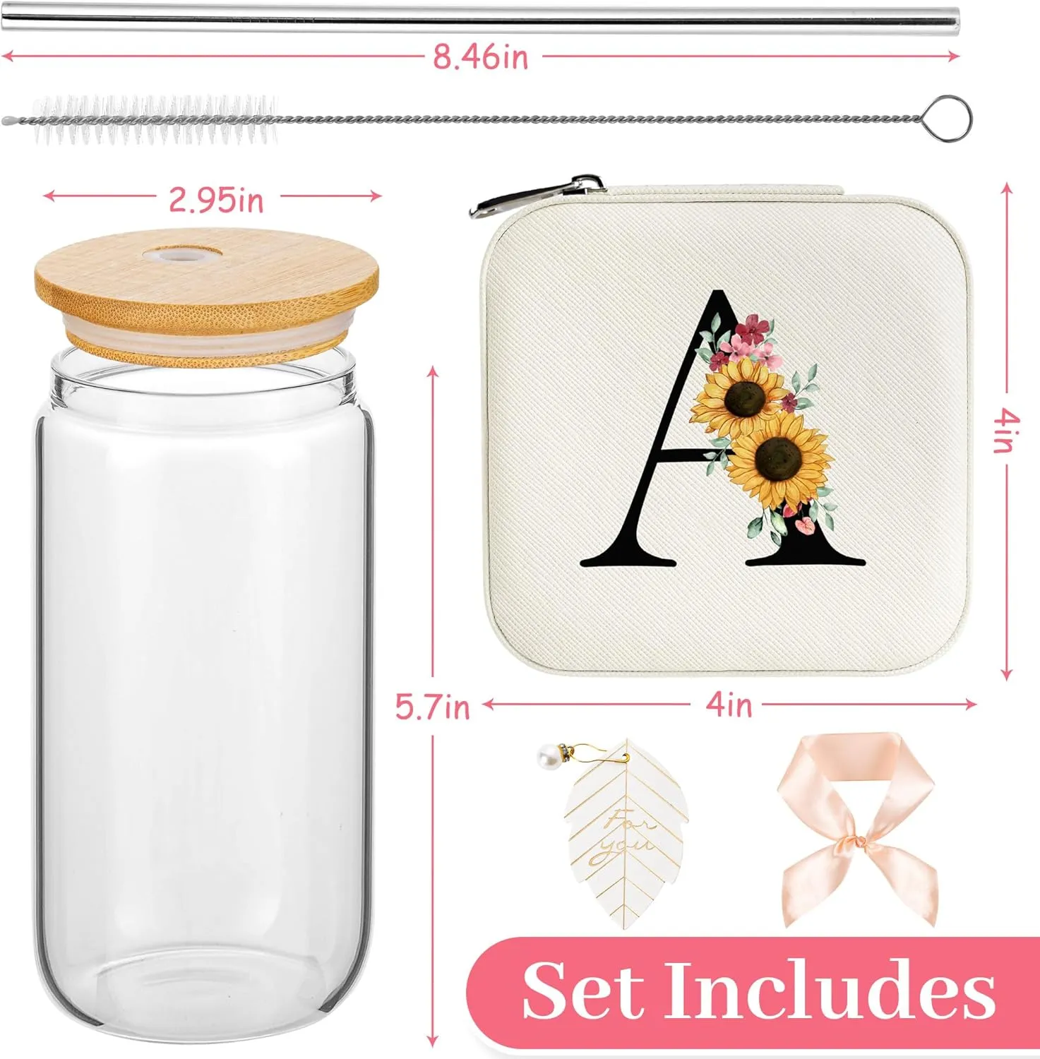 AYGXU Teacher appreciation gifts,Initial glass cup with initial Jewelry Box,Jewelry Case Organizer,iced coffee cups,Travel Gifts for Women Girls,Birthday Gifts,Initial A white