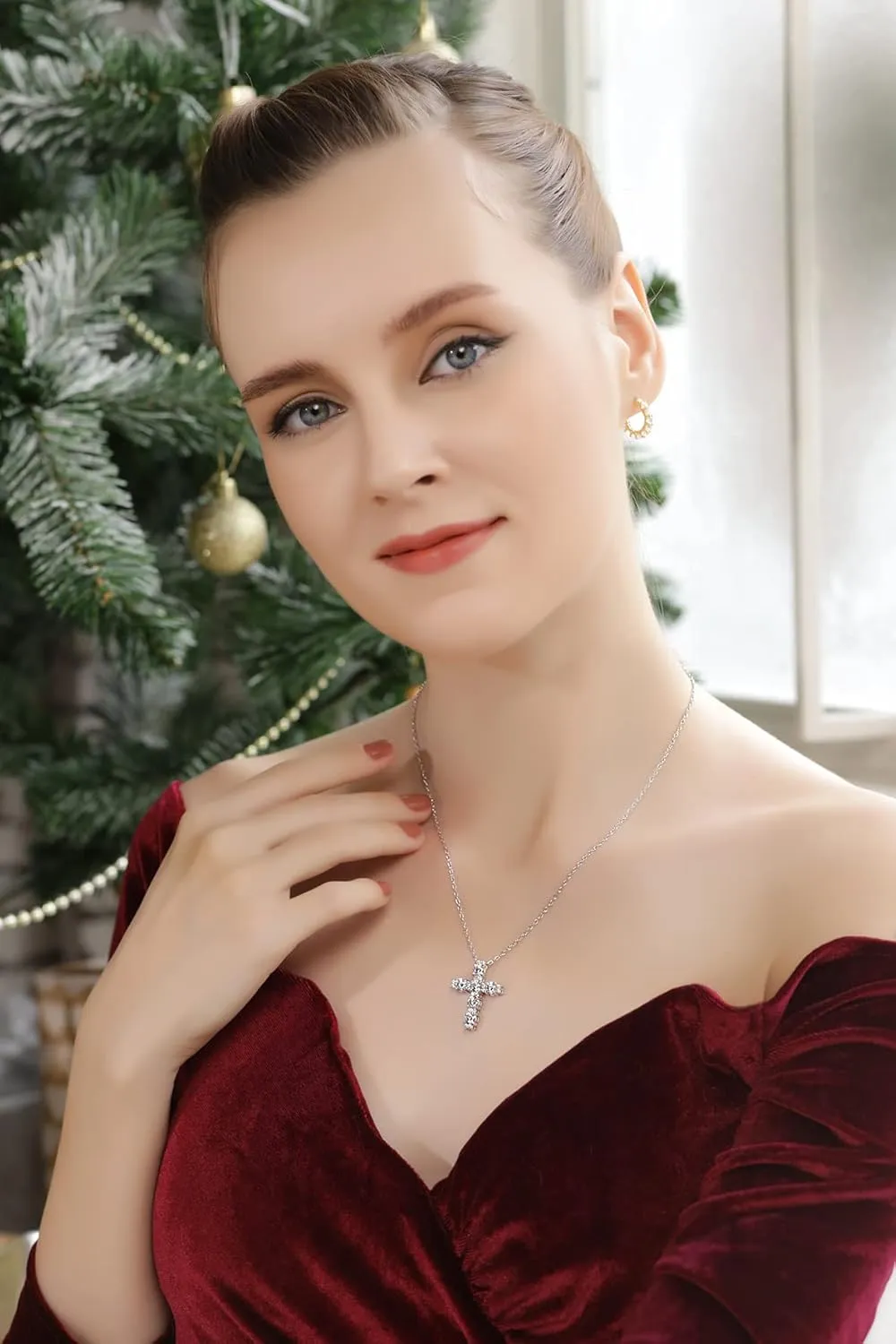 B. BRILLIANT Sterling Silver Round AAA Cubic Zirconia Big Large CZ Cross Necklace for Women with Gift Box