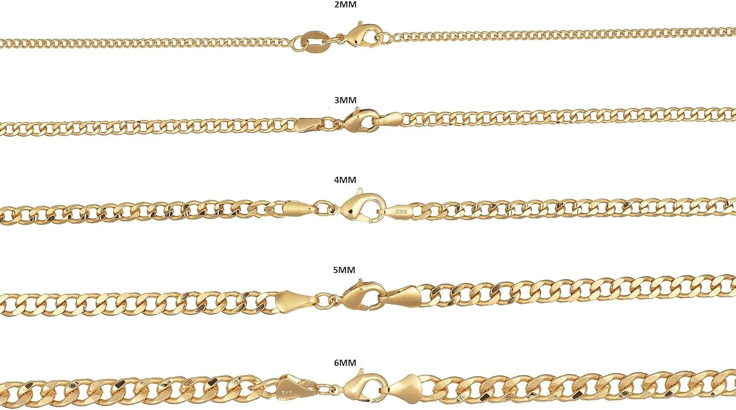Barzel 18K Gold Plated Curb/Cuban Link Chain Necklace 2MM, 3MM, 4MM, 5MM For Women or Men - Made In Brazil