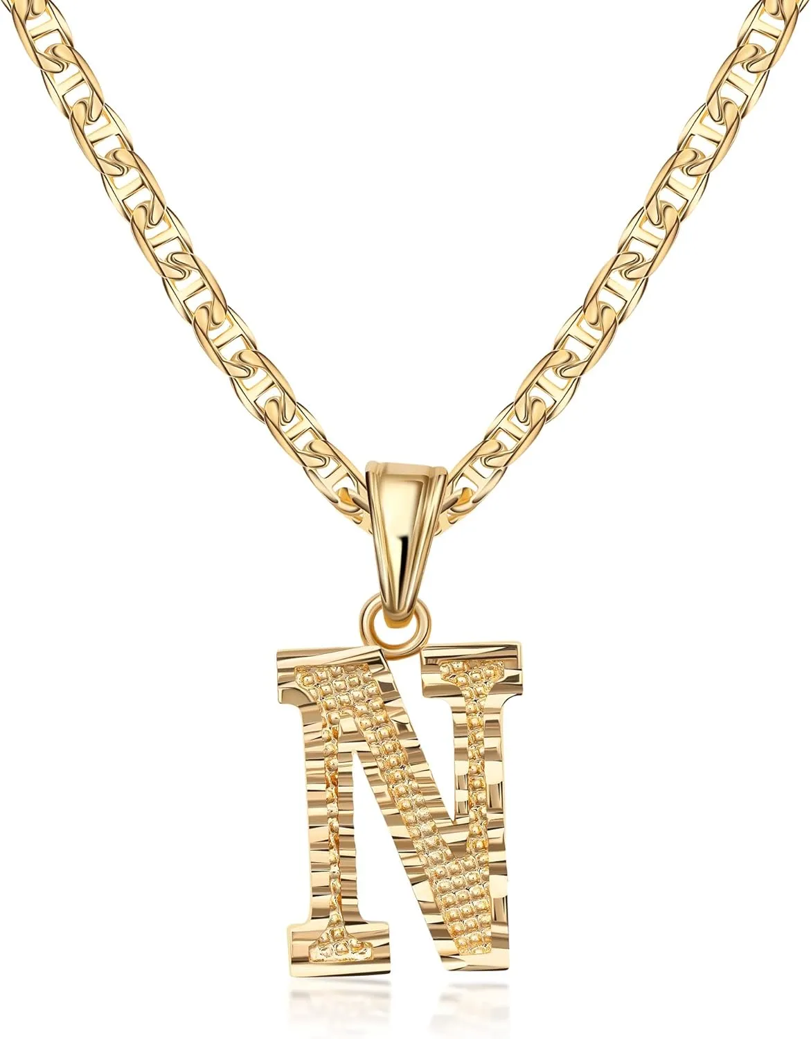 Barzel 18K Gold Plated Initial Necklace with Diamond Cut Initial,18" Chain with 2" Extension, Waterproof, High Polish Finish, Made in Brazil