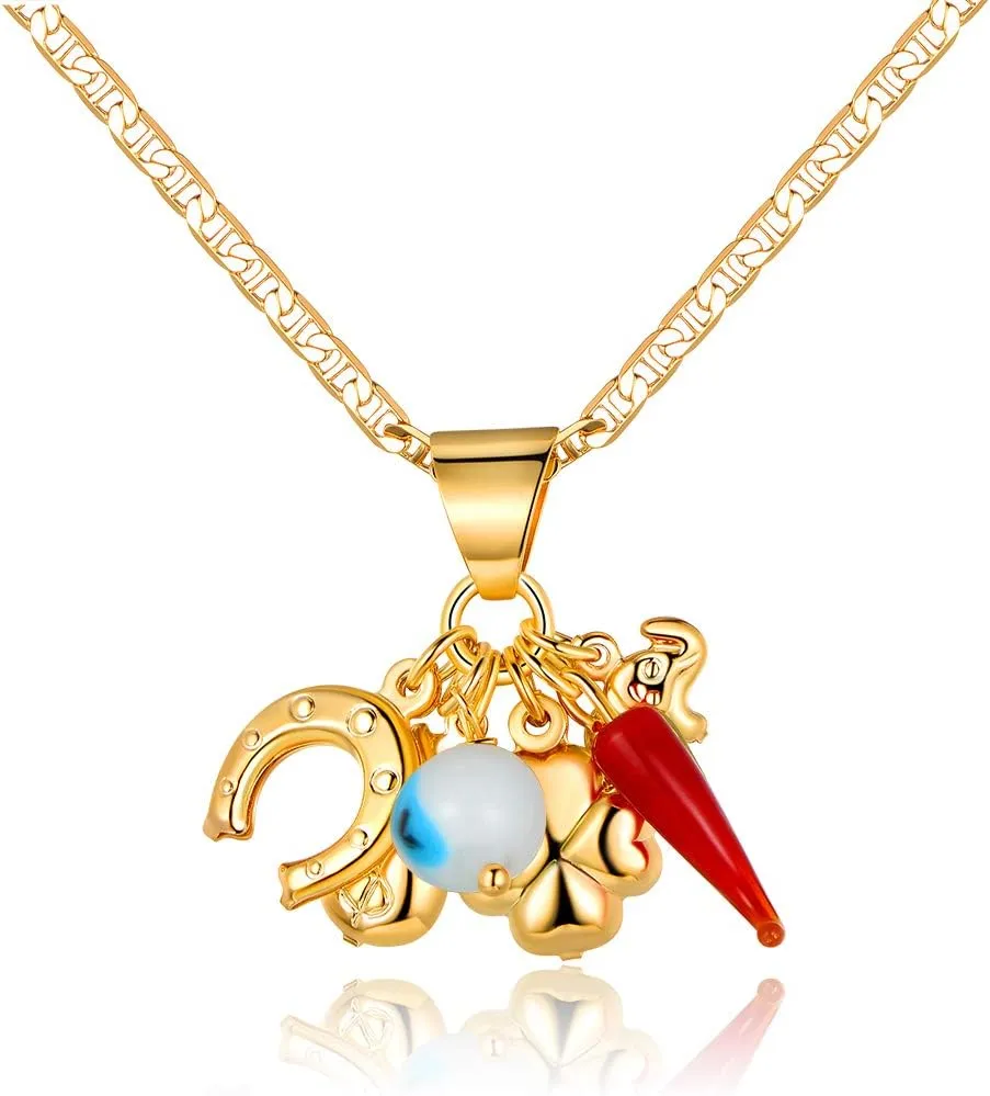 Barzel 18K Gold Plated Luck Charms Necklace With Mariner Chain  Made In Brazil