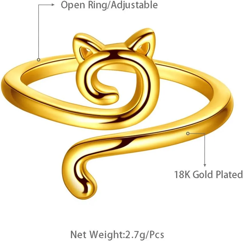 beautlace Cute Cat Adjustable Rings 18K Gold/Silver/Black Gun Plated Lovely Cats Animals Open Ring Jewelry for Women KR0029