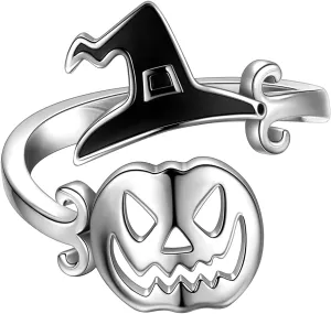 beautlace Halloween Pumpkin Adjustable Rings and Wizard Witche's Hat Ring Silver Plated Halloween Ghost Witch Broom Ring Open Finger Ring Party Jewelry KR0065W
