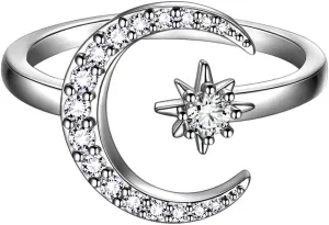 beautlace Star and Moon Adjustable Rings 18K Gold/Silver/Black Gun Plated Crescent Moon Stars Open Ring Jewelry for Women KR0032