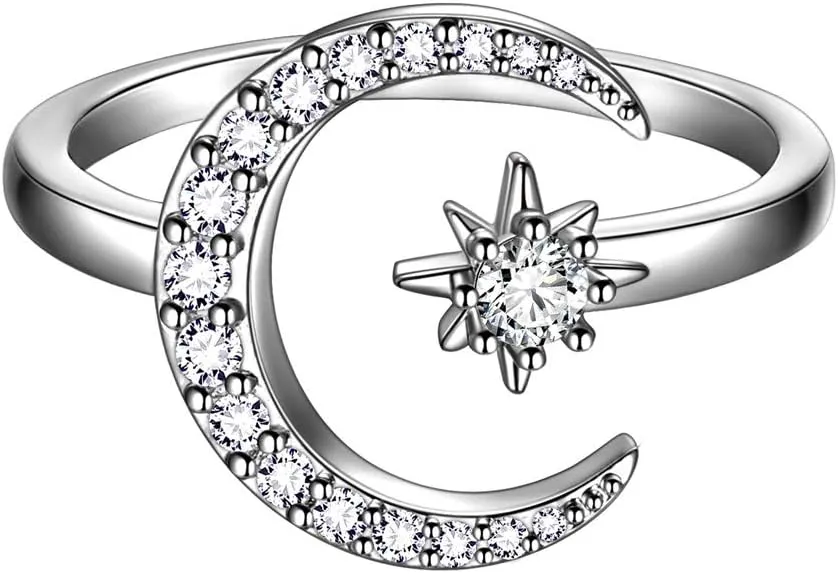 beautlace Star and Moon Adjustable Rings 18K Gold/Silver/Black Gun Plated Crescent Moon Stars Open Ring Jewelry for Women KR0032
