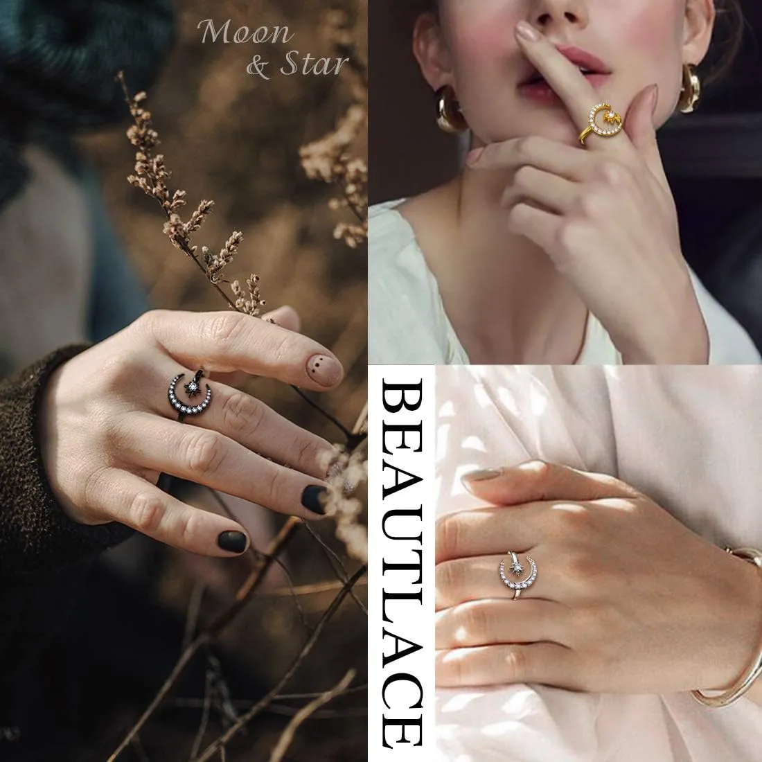 beautlace Star and Moon Adjustable Rings 18K Gold/Silver/Black Gun Plated Crescent Moon Stars Open Ring Jewelry for Women KR0032