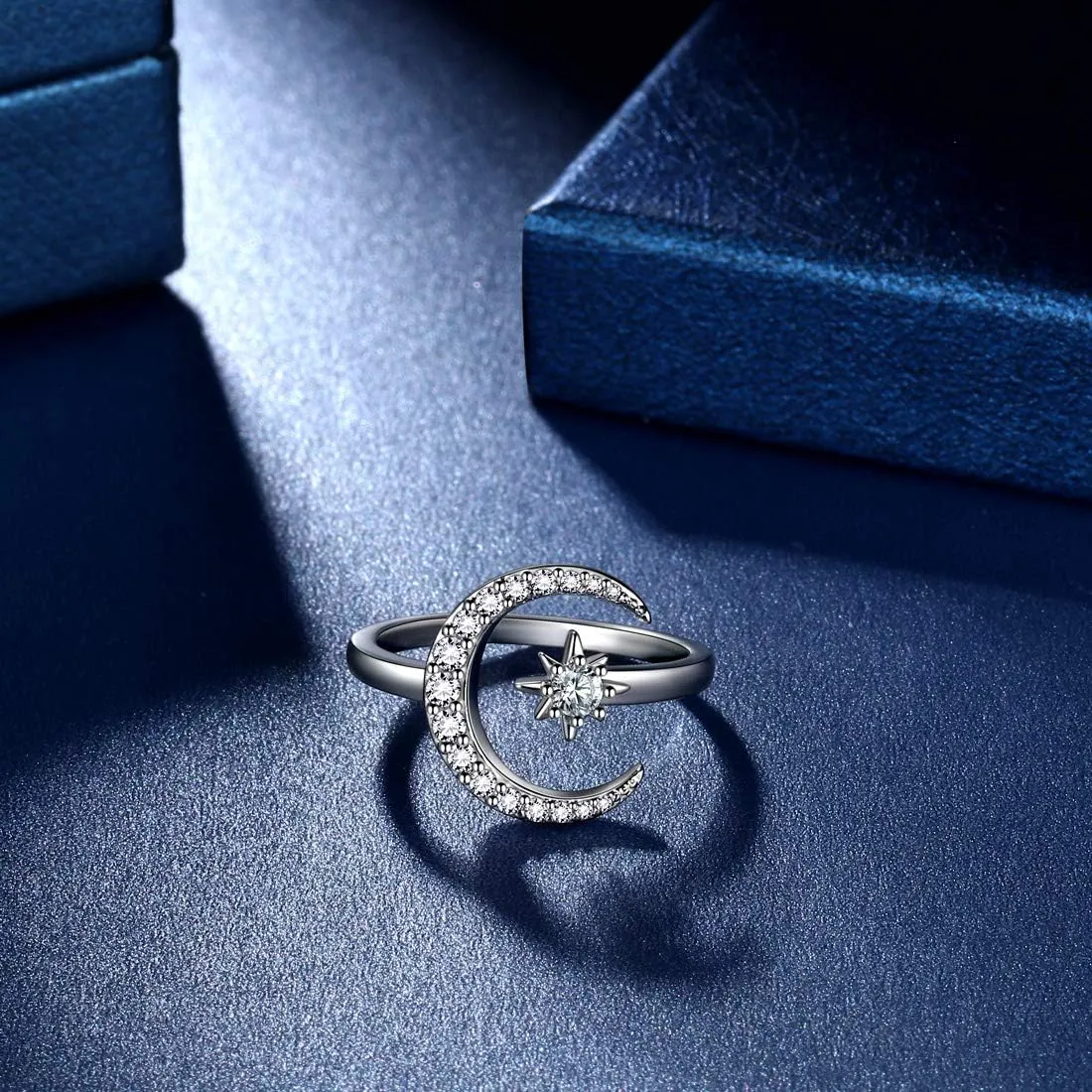 beautlace Star and Moon Adjustable Rings 18K Gold/Silver/Black Gun Plated Crescent Moon Stars Open Ring Jewelry for Women KR0032