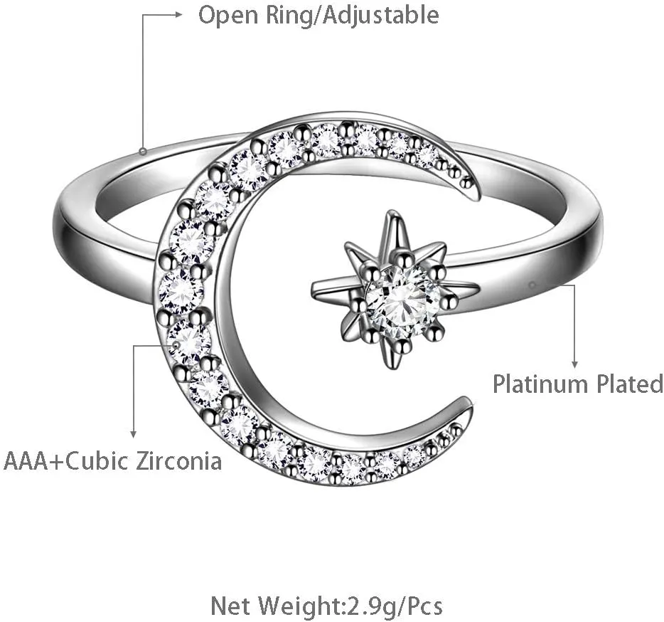 beautlace Star and Moon Adjustable Rings 18K Gold/Silver/Black Gun Plated Crescent Moon Stars Open Ring Jewelry for Women KR0032