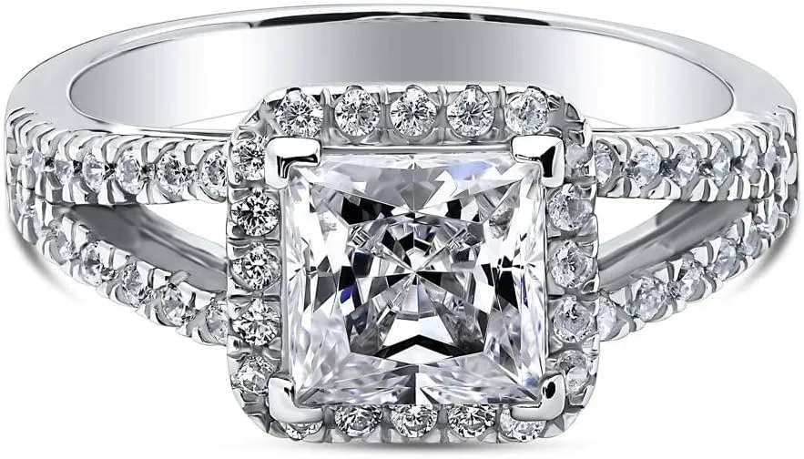 BERRICLE Sterling Silver Halo Wedding Engagement Rings Princess Cut Cubic Zirconia CZ Promise Split Shank Ring for Women, Rhodium Plated Size 4-10