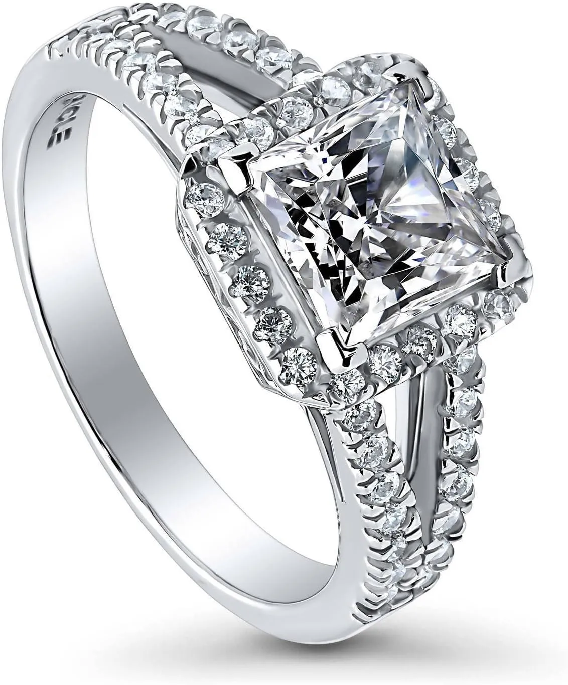 BERRICLE Sterling Silver Halo Wedding Engagement Rings Princess Cut Cubic Zirconia CZ Promise Split Shank Ring for Women, Rhodium Plated Size 4-10