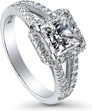 BERRICLE Sterling Silver Halo Wedding Engagement Rings Princess Cut Cubic Zirconia CZ Promise Split Shank Ring for Women, Rhodium Plated Size 4-10