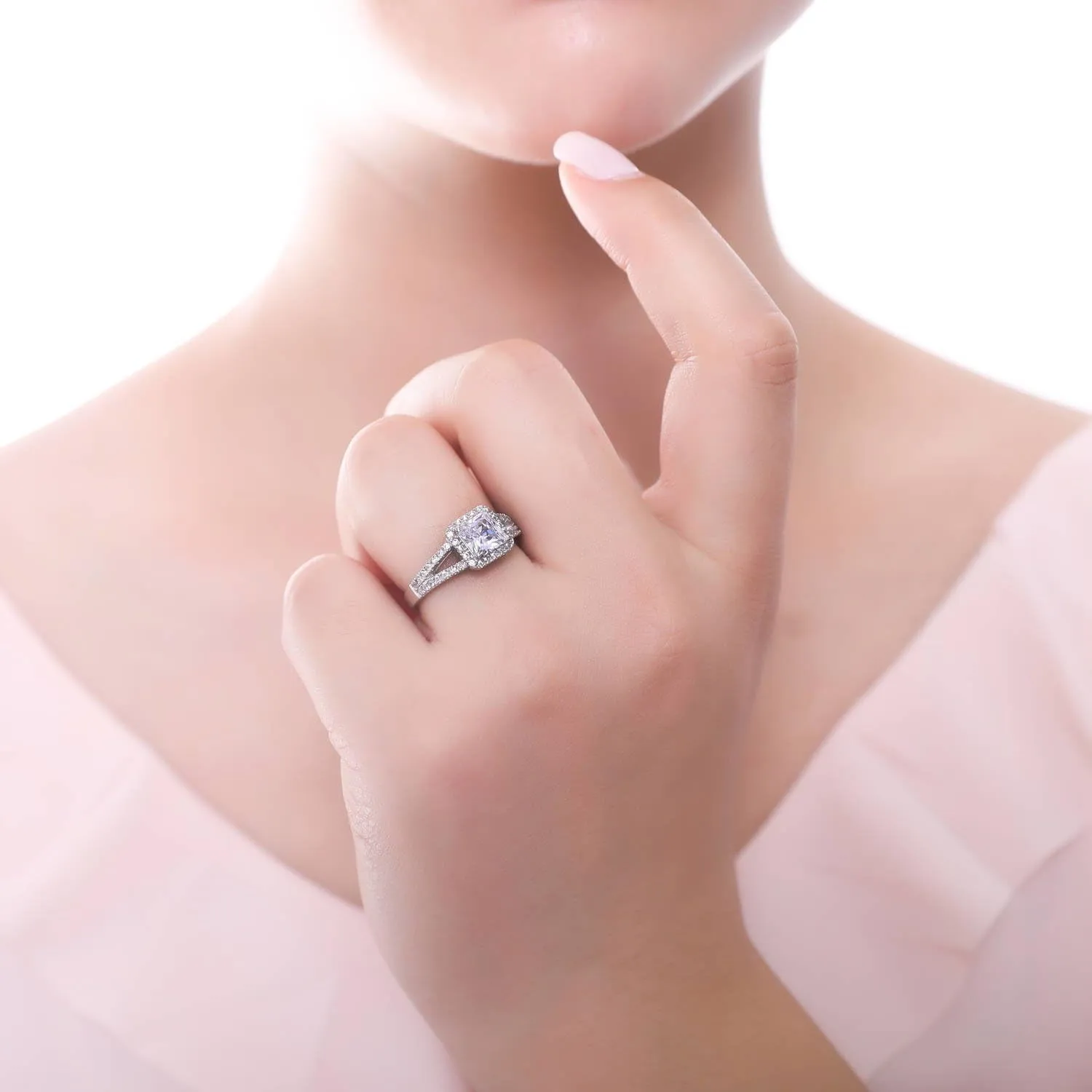 BERRICLE Sterling Silver Halo Wedding Engagement Rings Princess Cut Cubic Zirconia CZ Promise Split Shank Ring for Women, Rhodium Plated Size 4-10