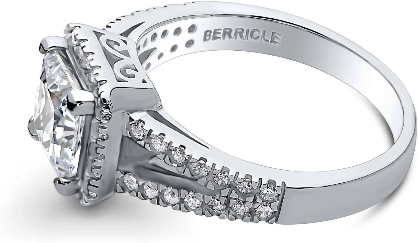BERRICLE Sterling Silver Halo Wedding Engagement Rings Princess Cut Cubic Zirconia CZ Promise Split Shank Ring for Women, Rhodium Plated Size 4-10