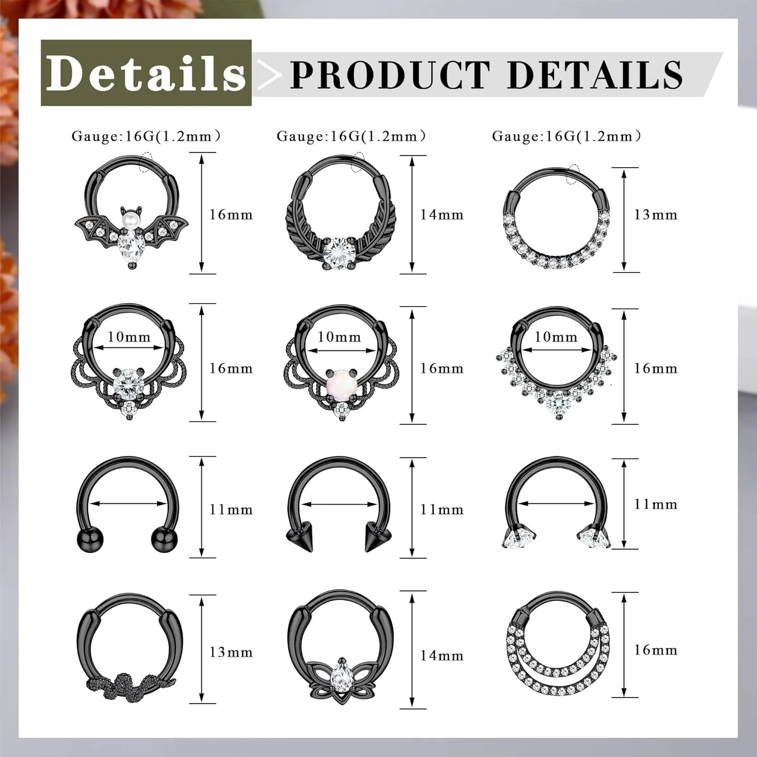 Besteel 12Pcs Septum Rings 16G Daith Earrings Nose Rings Hoop Stainless Steel CZ Opal Cartilage Helix Tragus Earrings Septum Clicker Piercing Jewelry Silver Black Rose Gold