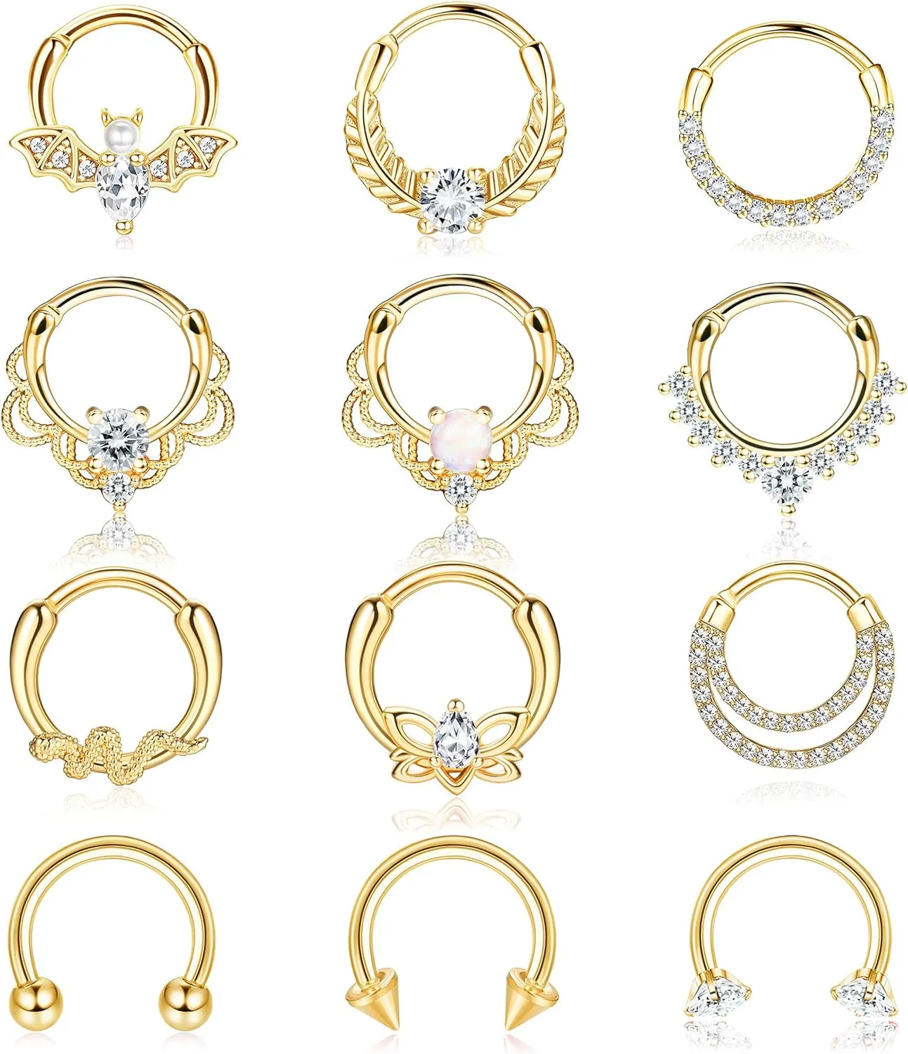 Besteel 12Pcs Septum Rings 16G Daith Earrings Nose Rings Hoop Stainless Steel CZ Opal Cartilage Helix Tragus Earrings Septum Clicker Piercing Jewelry Silver Black Rose Gold