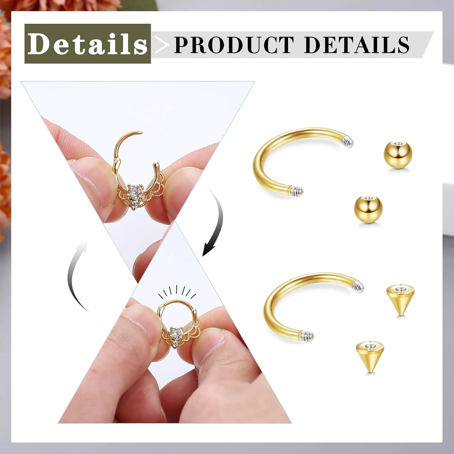 Besteel 12Pcs Septum Rings 16G Daith Earrings Nose Rings Hoop Stainless Steel CZ Opal Cartilage Helix Tragus Earrings Septum Clicker Piercing Jewelry Silver Black Rose Gold