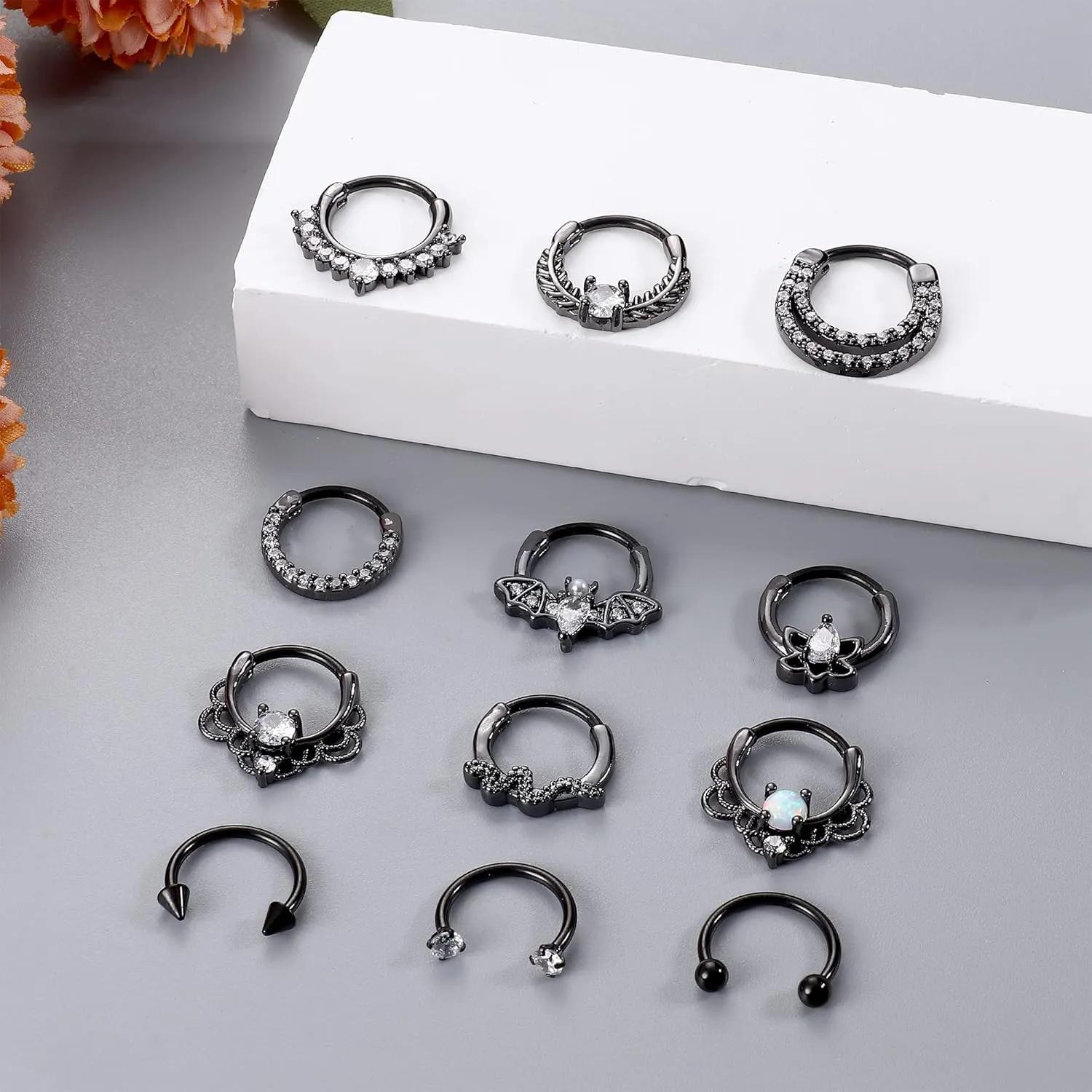 Besteel 12Pcs Septum Rings 16G Daith Earrings Nose Rings Hoop Stainless Steel CZ Opal Cartilage Helix Tragus Earrings Septum Clicker Piercing Jewelry Silver Black Rose Gold