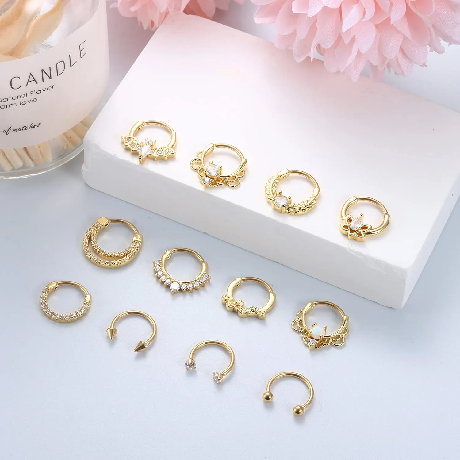 Besteel 12Pcs Septum Rings 16G Daith Earrings Nose Rings Hoop Stainless Steel CZ Opal Cartilage Helix Tragus Earrings Septum Clicker Piercing Jewelry Silver Black Rose Gold