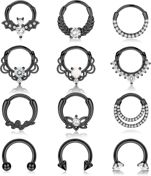 Besteel 12Pcs Septum Rings 16G Daith Earrings Nose Rings Hoop Stainless Steel CZ Opal Cartilage Helix Tragus Earrings Septum Clicker Piercing Jewelry Silver Black Rose Gold