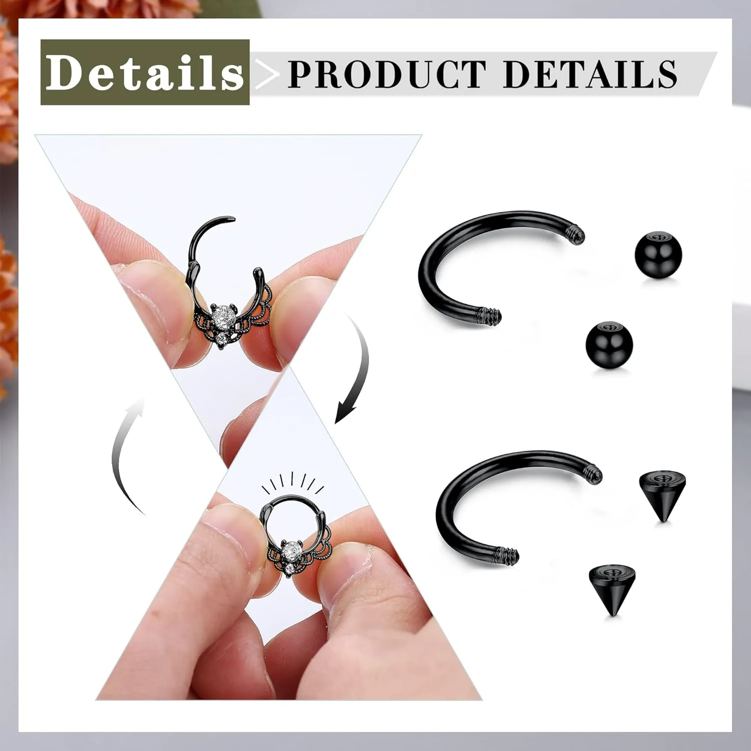 Besteel 12Pcs Septum Rings 16G Daith Earrings Nose Rings Hoop Stainless Steel CZ Opal Cartilage Helix Tragus Earrings Septum Clicker Piercing Jewelry Silver Black Rose Gold