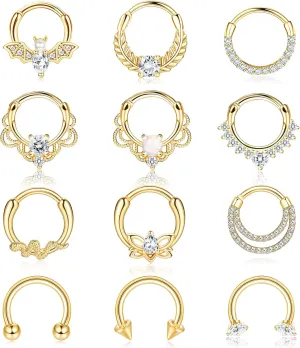 Besteel 12Pcs Septum Rings 16G Daith Earrings Nose Rings Hoop Stainless Steel CZ Opal Cartilage Helix Tragus Earrings Septum Clicker Piercing Jewelry Silver Black Rose Gold
