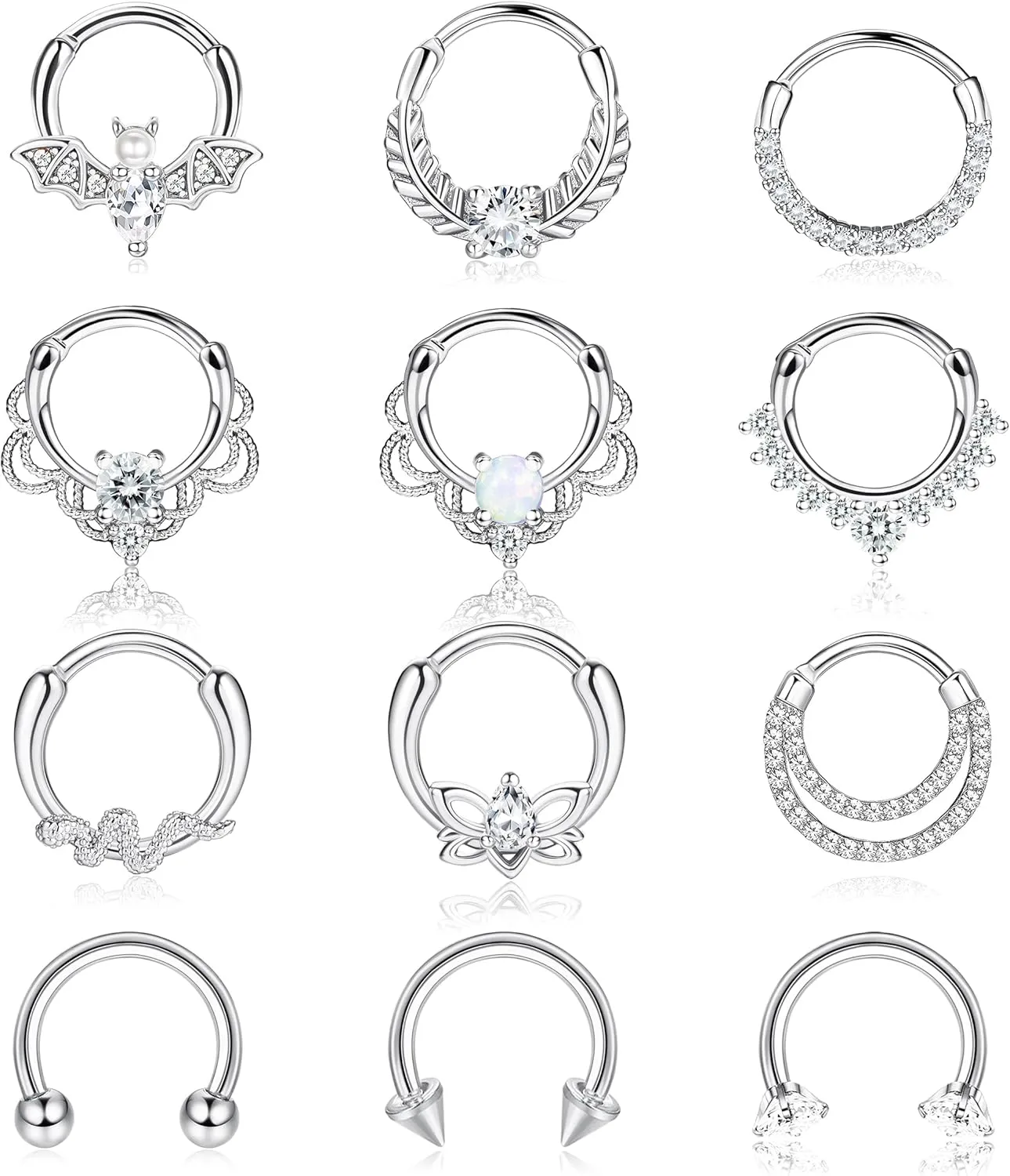 Besteel 12Pcs Septum Rings 16G Daith Earrings Nose Rings Hoop Stainless Steel CZ Opal Cartilage Helix Tragus Earrings Septum Clicker Piercing Jewelry Silver Black Rose Gold
