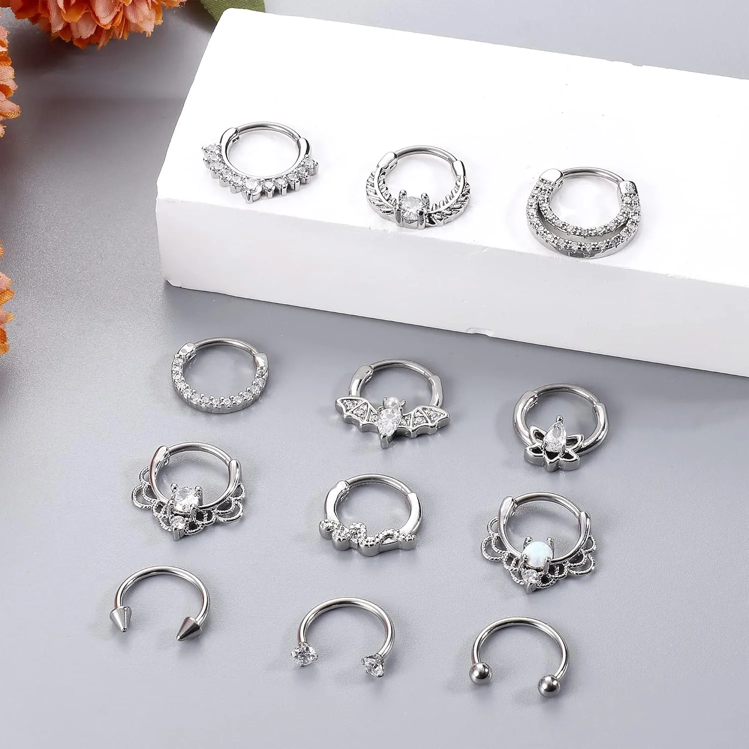 Besteel 12Pcs Septum Rings 16G Daith Earrings Nose Rings Hoop Stainless Steel CZ Opal Cartilage Helix Tragus Earrings Septum Clicker Piercing Jewelry Silver Black Rose Gold