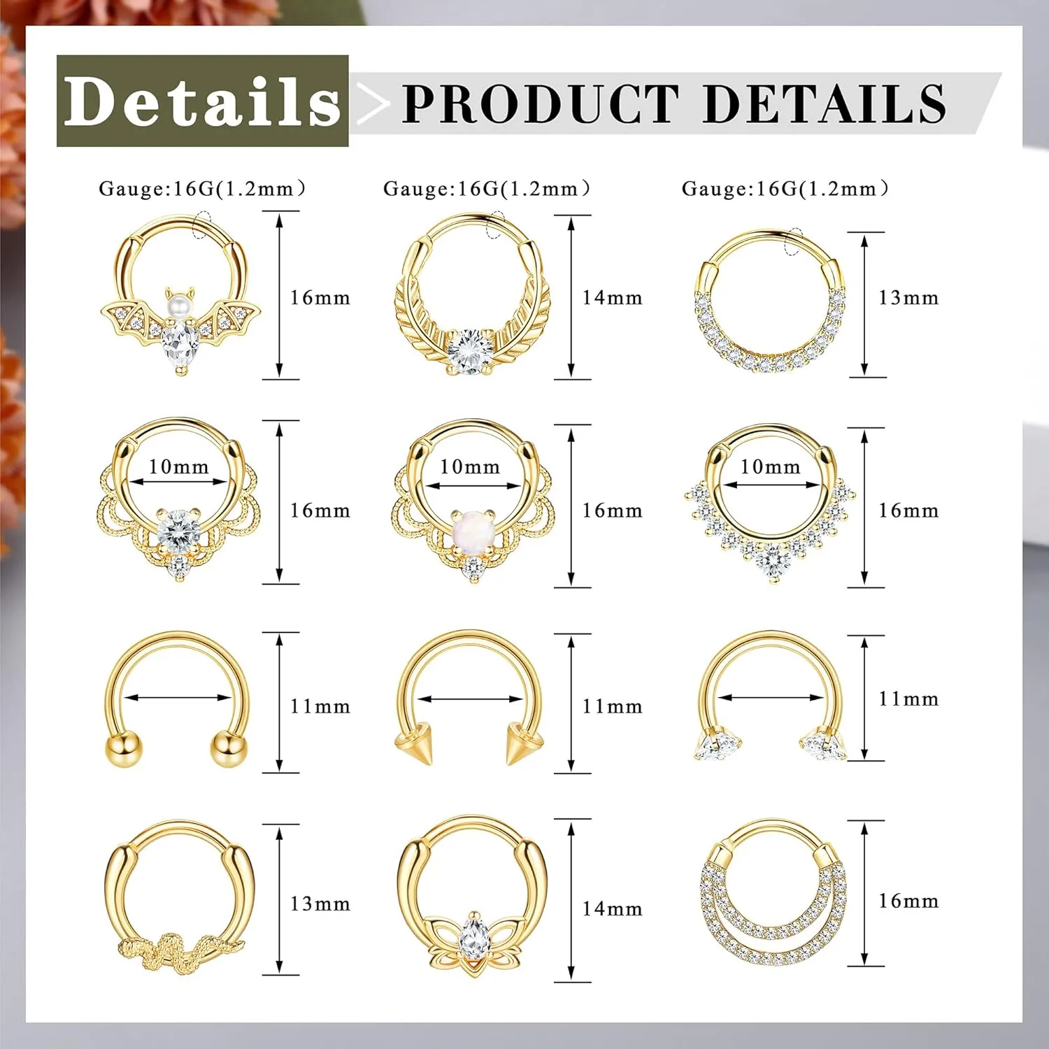 Besteel 12Pcs Septum Rings 16G Daith Earrings Nose Rings Hoop Stainless Steel CZ Opal Cartilage Helix Tragus Earrings Septum Clicker Piercing Jewelry Silver Black Rose Gold