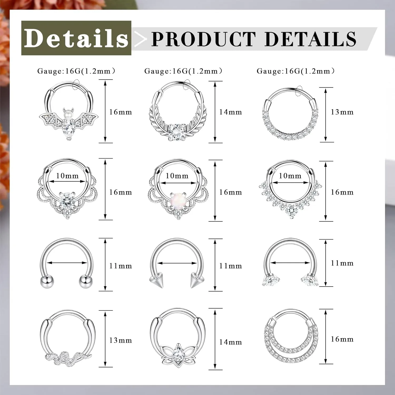 Besteel 12Pcs Septum Rings 16G Daith Earrings Nose Rings Hoop Stainless Steel CZ Opal Cartilage Helix Tragus Earrings Septum Clicker Piercing Jewelry Silver Black Rose Gold