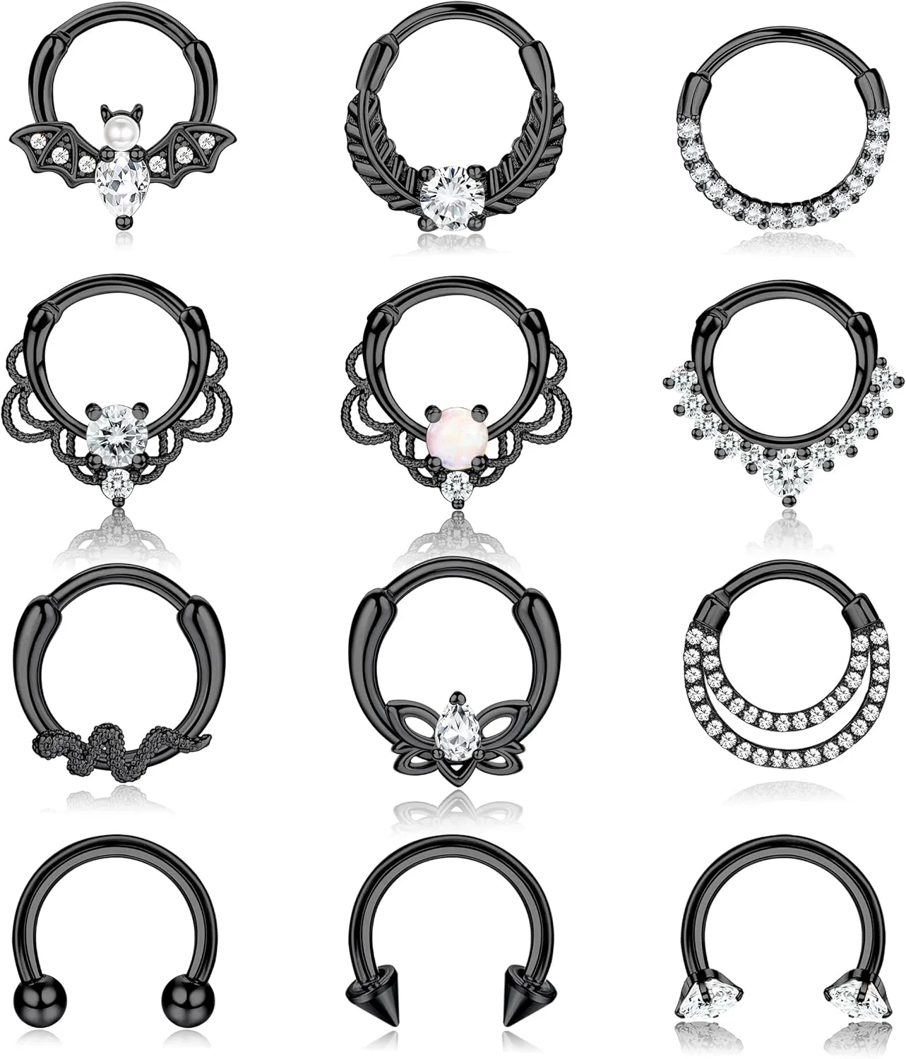 Besteel 12Pcs Septum Rings 16G Daith Earrings Nose Rings Hoop Stainless Steel CZ Opal Cartilage Helix Tragus Earrings Septum Clicker Piercing Jewelry Silver Black Rose Gold