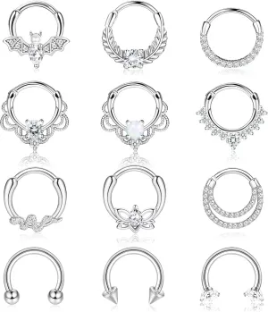 Besteel 12Pcs Septum Rings 16G Daith Earrings Nose Rings Hoop Stainless Steel CZ Opal Cartilage Helix Tragus Earrings Septum Clicker Piercing Jewelry Silver Black Rose Gold
