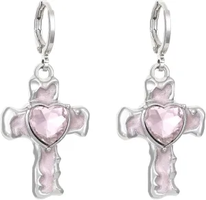 Big Cross Dangle Earrings for Women,Sweet Enamel Crucifix Drop Earrings Chunky Silver Y2k Statement Hoop Earring,Faith Based Jewelry Gifts for Baptism