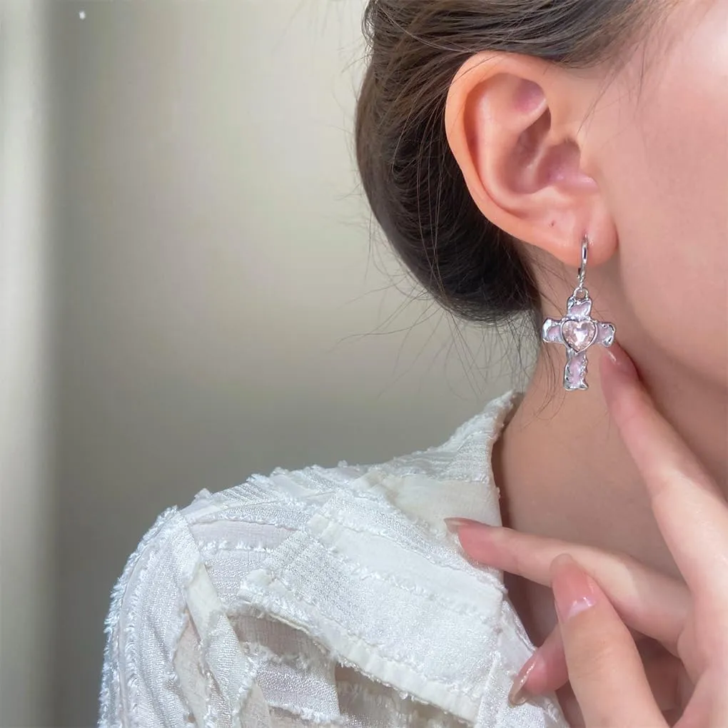 Big Cross Dangle Earrings for Women,Sweet Enamel Crucifix Drop Earrings Chunky Silver Y2k Statement Hoop Earring,Faith Based Jewelry Gifts for Baptism