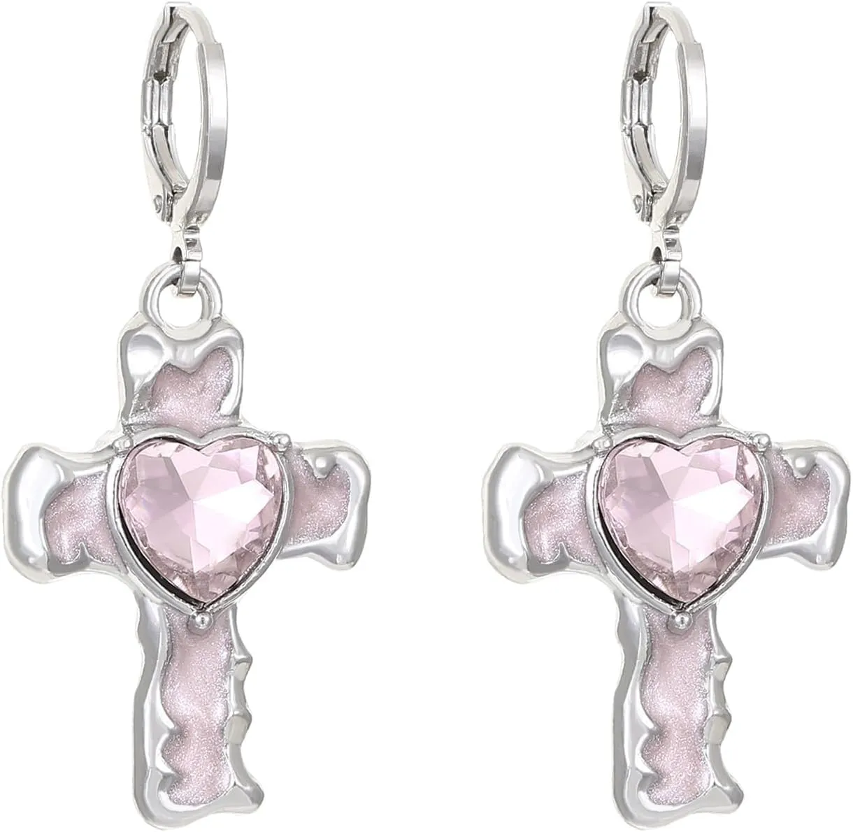 Big Cross Dangle Earrings for Women,Sweet Enamel Crucifix Drop Earrings Chunky Silver Y2k Statement Hoop Earring,Faith Based Jewelry Gifts for Baptism