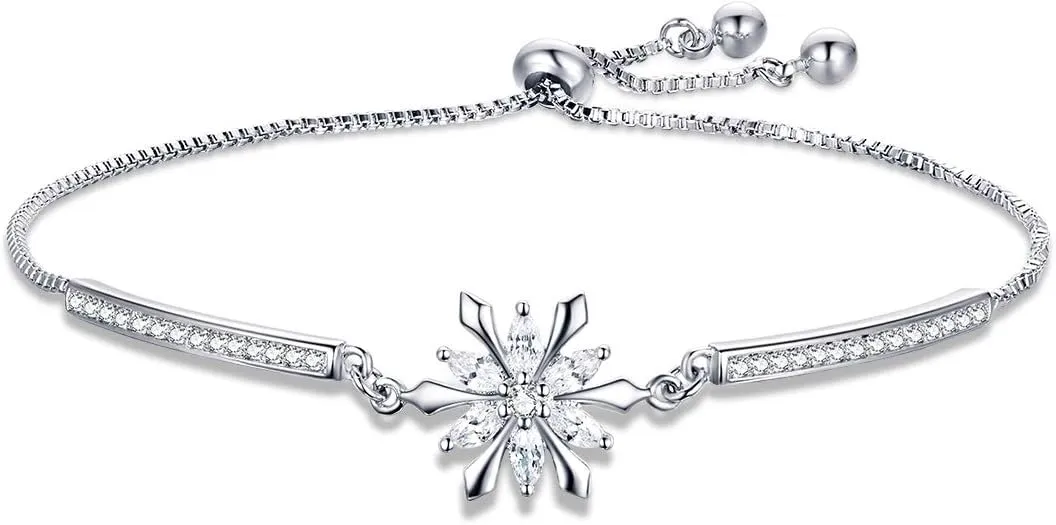 BISAER Snowflake Tennis Bracelets for Women White Gold Plated Cubic Zirconia Bracelet with Adjustable Chain, Anniversary, Birthday, Mother Day, Women' s Day Bracelet