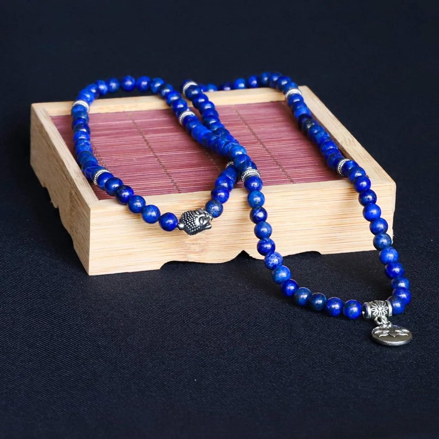 Bivei 108 Mala Beads Necklace Long Beaded Wrap Bracelets Genuine Gemstone Mala Prayer Beads Lotus Buddha Charm Yoga Meditation Necklace