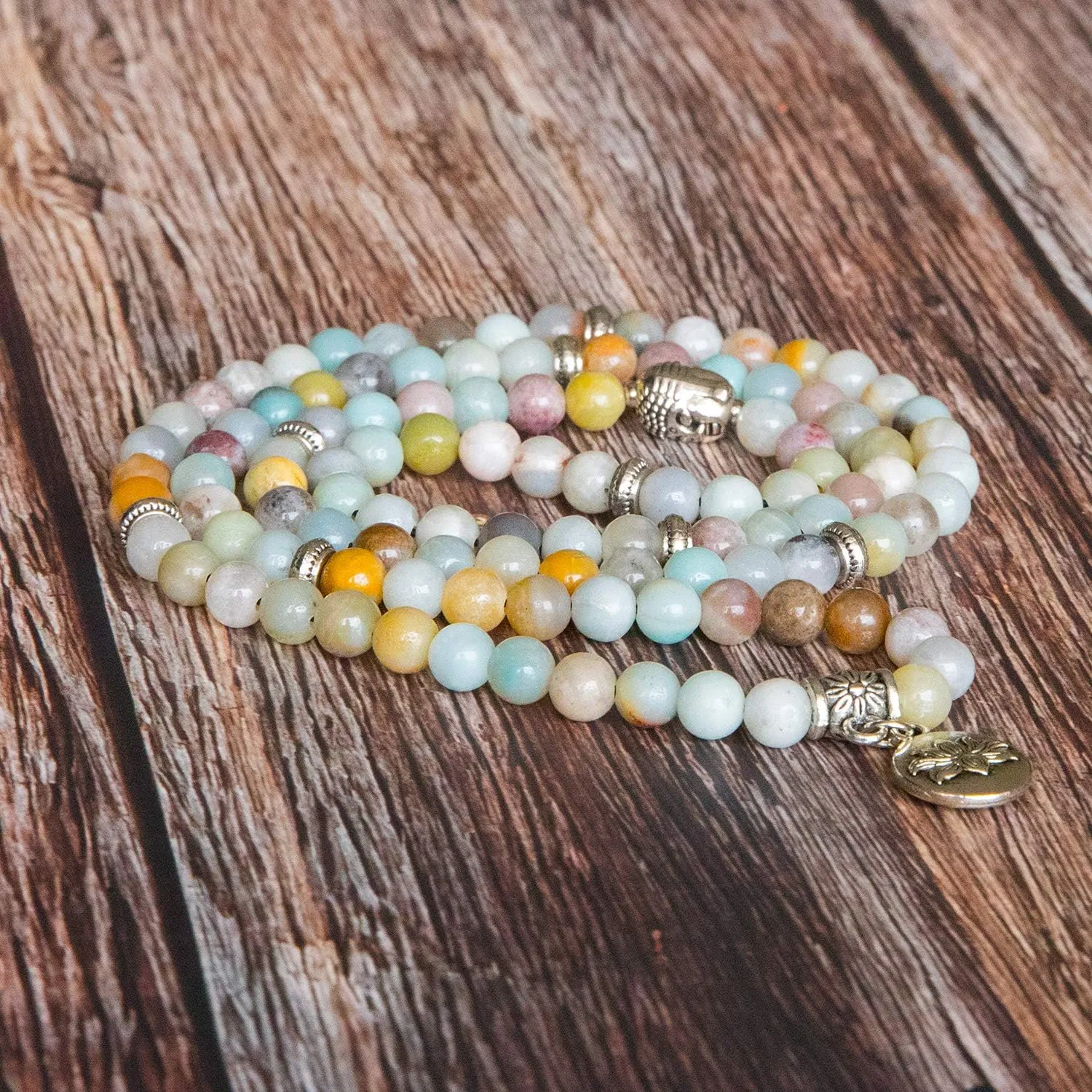 Bivei 108 Mala Beads Necklace Long Beaded Wrap Bracelets Genuine Gemstone Mala Prayer Beads Lotus Buddha Charm Yoga Meditation Necklace