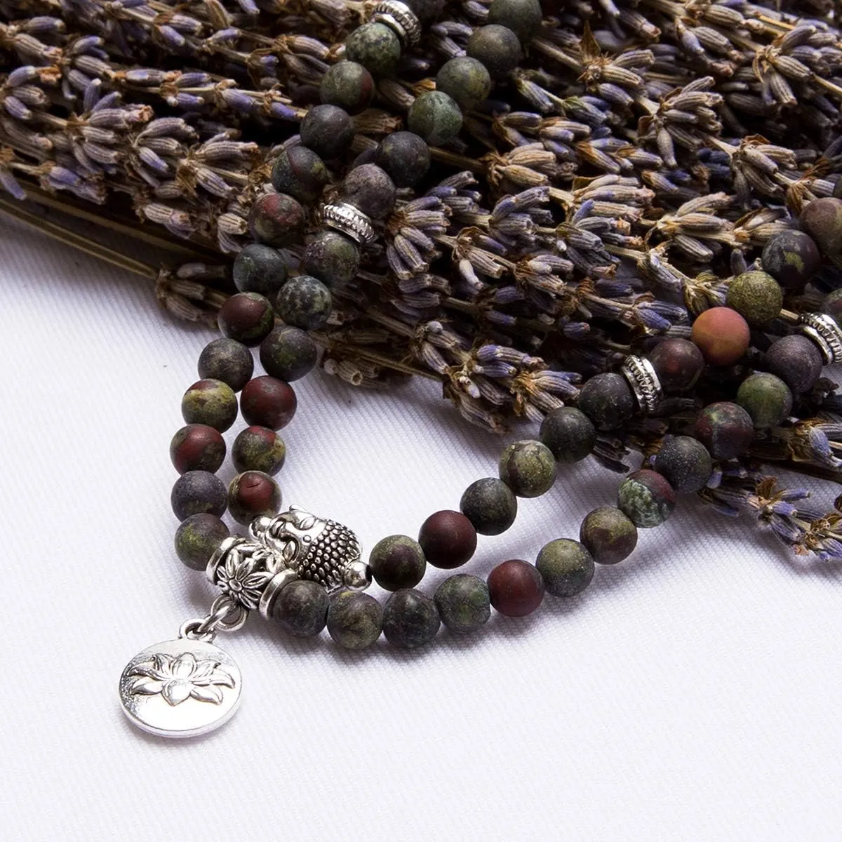 Bivei 108 Mala Beads Necklace Long Beaded Wrap Bracelets Genuine Gemstone Mala Prayer Beads Lotus Buddha Charm Yoga Meditation Necklace