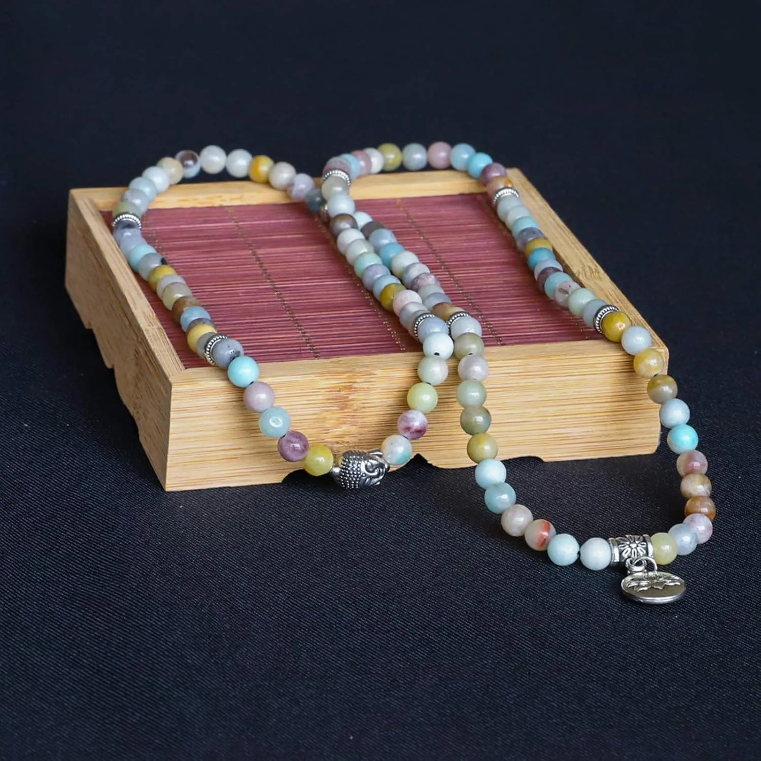 Bivei 108 Mala Beads Necklace Long Beaded Wrap Bracelets Genuine Gemstone Mala Prayer Beads Lotus Buddha Charm Yoga Meditation Necklace