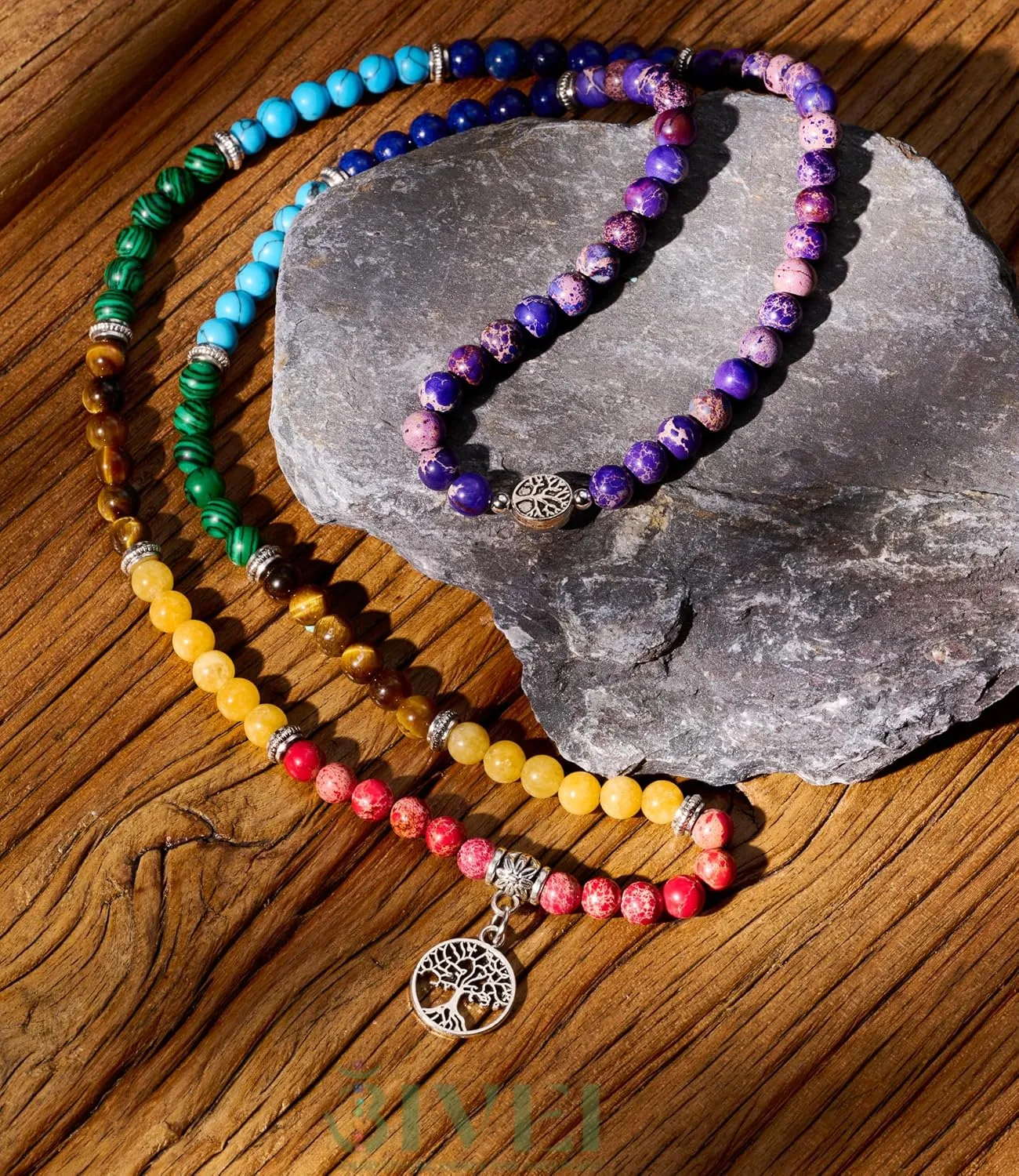 Bivei 108 Mala Beads Necklace Long Beaded Wrap Bracelets Genuine Gemstone Mala Prayer Beads Lotus Buddha Charm Yoga Meditation Necklace