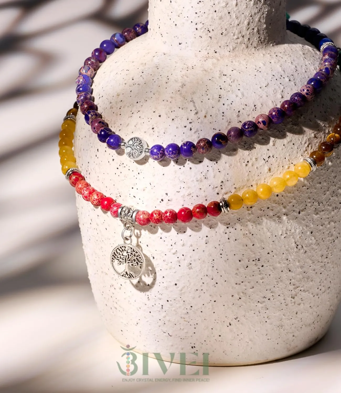 Bivei 108 Mala Beads Necklace Long Beaded Wrap Bracelets Genuine Gemstone Mala Prayer Beads Lotus Buddha Charm Yoga Meditation Necklace