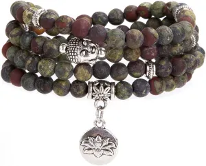Bivei 108 Mala Beads Necklace Long Beaded Wrap Bracelets Genuine Gemstone Mala Prayer Beads Lotus Buddha Charm Yoga Meditation Necklace