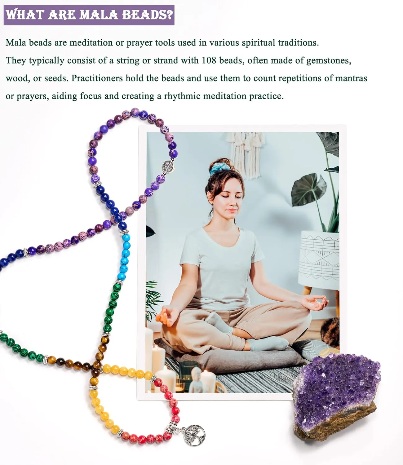 Bivei 108 Mala Beads Necklace Long Beaded Wrap Bracelets Genuine Gemstone Mala Prayer Beads Lotus Buddha Charm Yoga Meditation Necklace