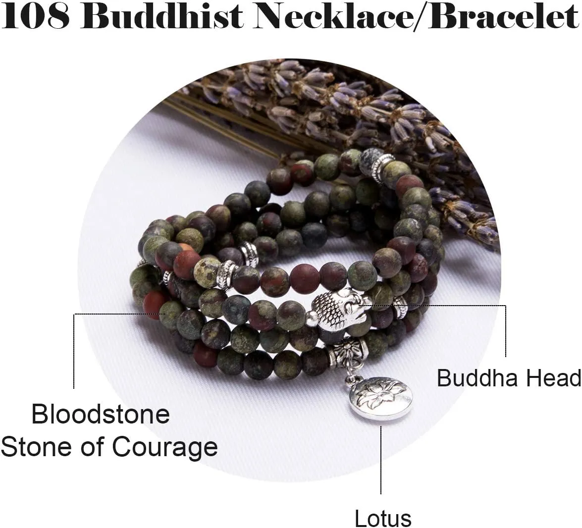 Bivei 108 Mala Beads Necklace Long Beaded Wrap Bracelets Genuine Gemstone Mala Prayer Beads Lotus Buddha Charm Yoga Meditation Necklace
